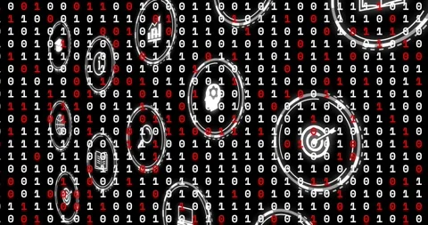 Binary grid opening, icons appearing, badges floating right, scaling and Stock Footage 330159845