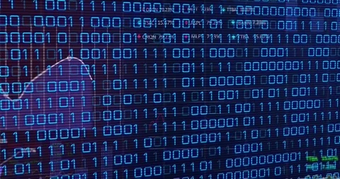 Binary grid pulsing as incoming feed updating stock tickers, waveform emerging Stock Footage 331006264