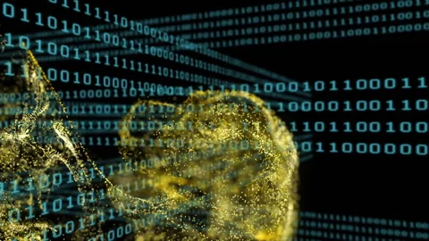 Binary grid receding causing gold mass forming splitting into masses showing Stock Footage 312348399