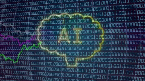 Binary grid rising, neon brain glowing, white panel sliding, jagged chart Stock Footage 335211477