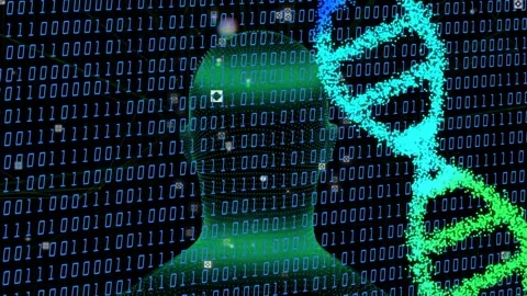Binary grid starting cursors mapping, translucent green head rotating, cloud Stock Footage 334337499