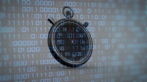 With binary grid starting to scroll, metal stopwatch tilting, visualizing Stock Footage 329122007