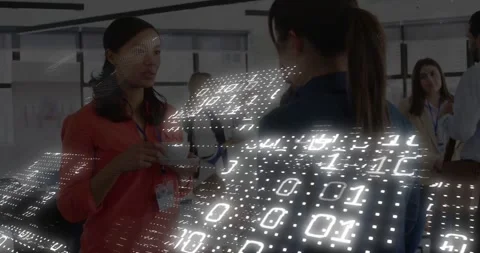 Binary grid sweeping left to right triggers two women conversing and gesturing Stock Footage 331198185