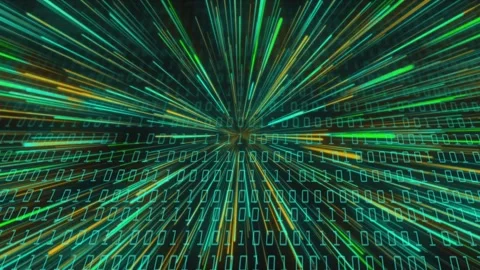Binary grid transforming into accelerating data tunnel, streaks radiating from Stock Footage 334337865