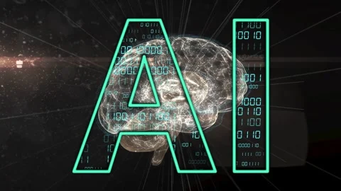 On binary input, teal-outlined AI and translucent brain rotating and pulsing, Stock Footage 334337813