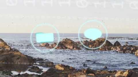 Binary layer starting cyan UI icons emerging drifting, morphing over rocky shore Stock Footage 333774958