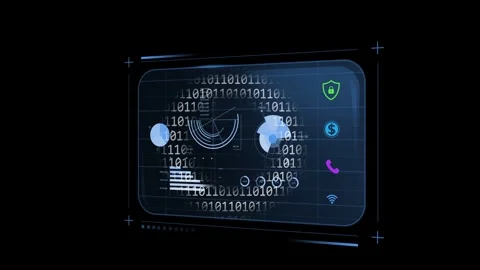 Binary mask sweeping from edges, holographic dash rotating charts, updating Stock Footage 335739710