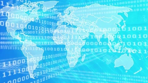 Binary matrix appearing left, translucent map moving center, rows scrolling, Stock Footage 329869380