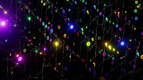 Binary matrix of colorful ones and zeros rotating and flashing. Digital Stock Footage 238547489