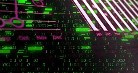 Binary matrix expanding on pullback in tech UI streaming glitch blocks over Video stock 331235777