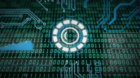 Binary matrix filling frame starting HUD appearing, pulsing while panels Stock Footage 335761703