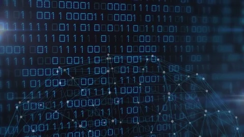 Binary matrix flickering causing wireframe globe pulsing light streak drifting, Stock Footage 328229736