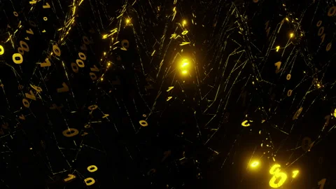 A binary matrix of golden ones and zeros moving in a wave and flashing. Digital Stock Footage 238547027