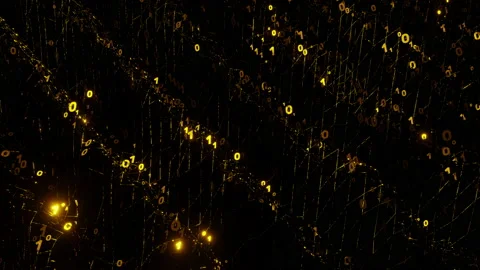 Binary matrix of golden ones and zeros rotating and flashing. Digital background Stock Footage 238547777