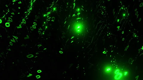 A binary matrix of green ones and zeros moving in a wave and flashing. Digital Stock Footage 238546609