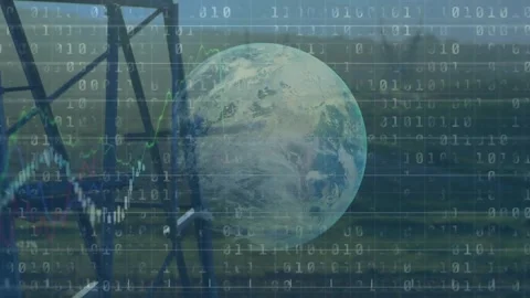 Binary matrix intensifying, globe staying centered, waveform emerging from left, Stock Footage 328015997