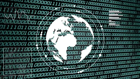 Binary matrix pulsing, globe appearing and rotating while HUD elements fading Stock Footage 335761718