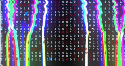 Binary matrix reacting to cyan-white burst, forming neon silhouettes and Stock Footage 329533598