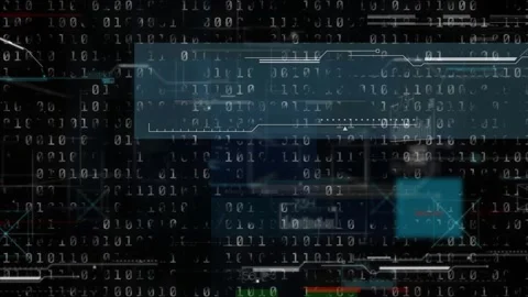 Binary matrix scrolling initiating blue panel sliding, HUD modules pulsing, Stock Footage 334729163
