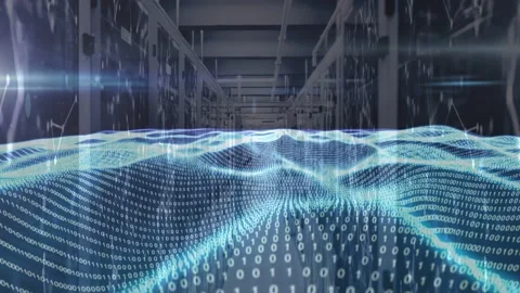 Binary mesh rippling down server aisle, triggered by incoming traffic Stock Footage 332843827
