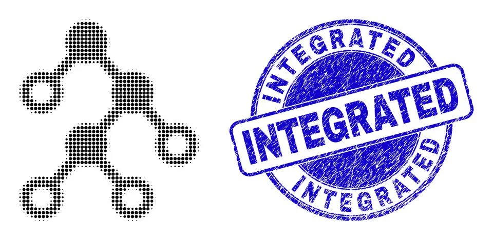 Binary Nodes in Halftone Dot Style with Blue Distress Integrated Badge Stock Illustration