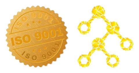 Binary Nodes Icon Mosaic of Golden Fractions and Metal ISO 9001 Stamp Stock Illustration