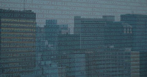 Binary numbers animating over cityscape with tall buildings 스톡 동영상 304767206