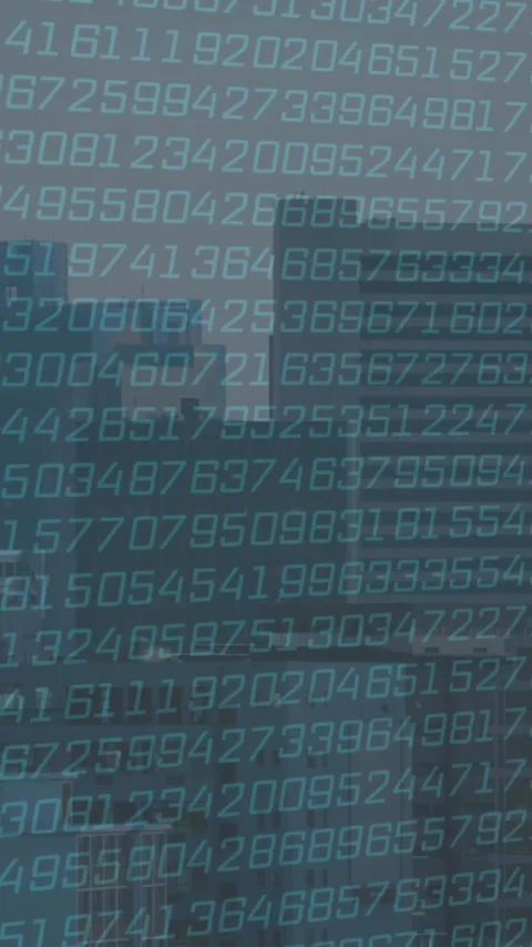 Binary numbers animating over cityscape with tall buildings Stock Footage 342677241