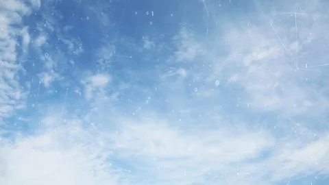 Binary numbers with lines flying over blue cloudy sky Stock Footage 118326693