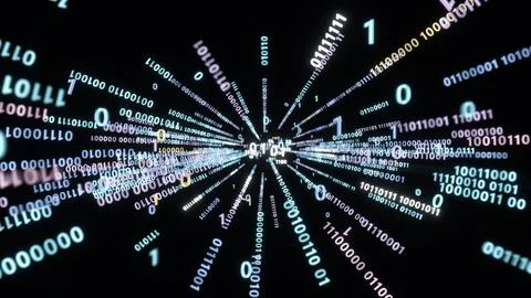 Binary numbers radiating in black space Stock Illustration