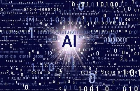 Binary numbers of varying sizes and AI symbolﾠagainst dark blue background Stockfoto's