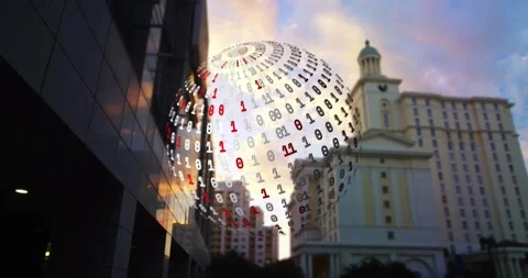 Binary orb appearing above skyline approaching frame rotating and showing red Stock Footage 322119477