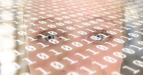 Binary overlay activating and scrolling code across woman facial area, 動画素材 316607223