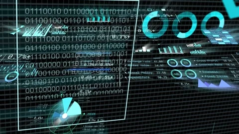 On binary overlay appearing, 3D data dashboard animating charts, growing bars, Stock Footage 335651889