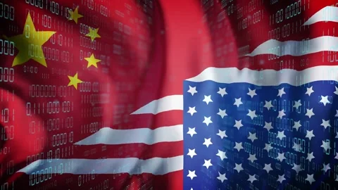 Binary overlay appearing, composite China US flag folding and scrolling Stock Footage 335317683