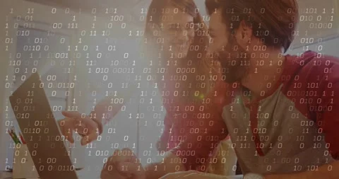 Binary overlay appearing covering faces man typing woman pointing at laptop Stock Footage 333904962