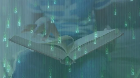 Binary overlay appearing guiding boy turning book pages on gray sofa enriching Stock Footage 313703797