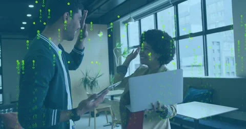 Binary overlay appearing, pair comparing laptop and tablet, gesturing, Stock Footage 331026365