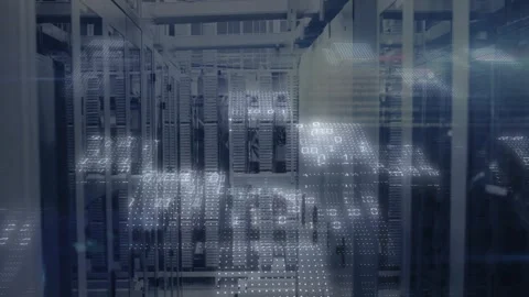 Binary overlay emerging across rack aisle, drifting and rippling codes to Stock Footage 327446455