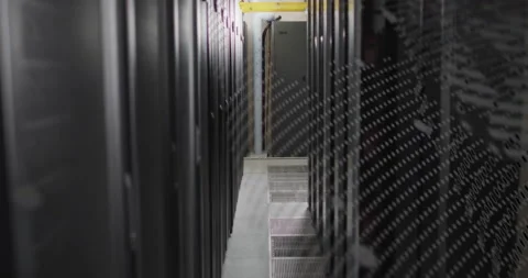 Binary overlay emerging over server racks during camera forward tracking shot Stock Footage 312845277
