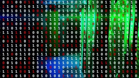 Binary overlay holding as background shifting, revealing green racks and blue Stock Footage 331235485