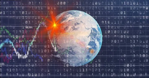 Binary overlay intensifying on grid initiating 3D earth emerging with rising Stock Footage 309893682