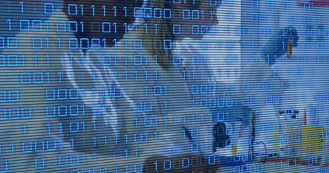 Binary overlay starting with camera feed, streaming blue code across parked cars Video stock 317156645