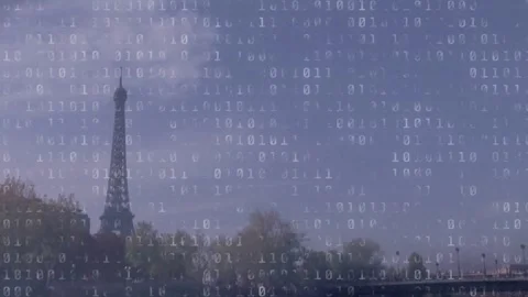 Binary overlay starting descent across Eiffel Tower, clouds drifting, forming Stock Footage 333911539