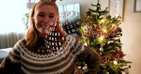 Binary overlay sweeping across face causing woman turning toward camera, Stock Footage 321781909