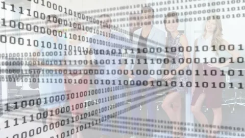Binary overlay sweeping forward, revealing six colleagues posing in office for Stock Footage 333903349