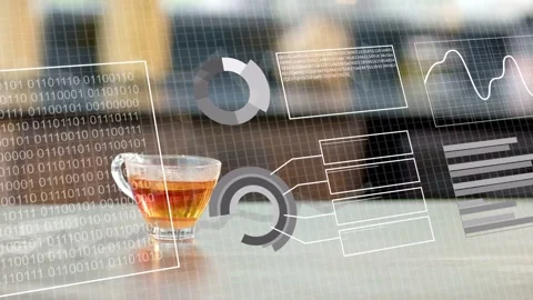 Binary panel appearing, HUD charts rotating and linking around glass cup, Stock Footage 334694162