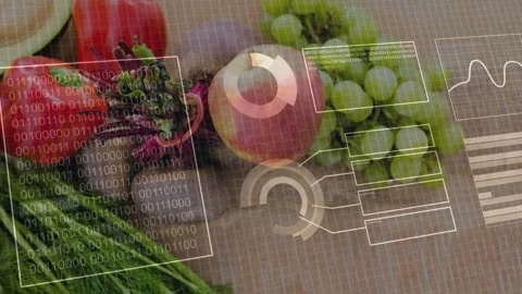 Binary panel appearing over produce and initiating HUD, showing gauges analyzing Stock Footage 333105349