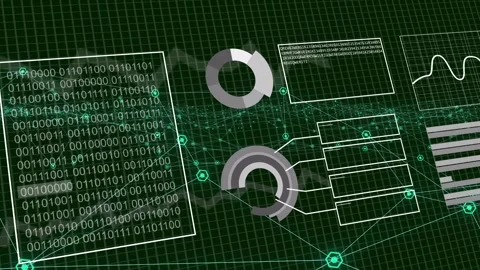 Binary panel shifting, HUD assembling donuts, lists, waveform and bars, nodes Stock Footage 334337831