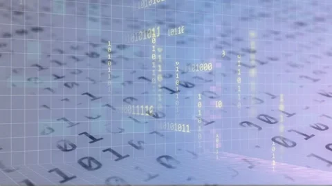 Binary pattern shifting, grid lighting sparking rising streams, spreading then Stock Footage 335651621